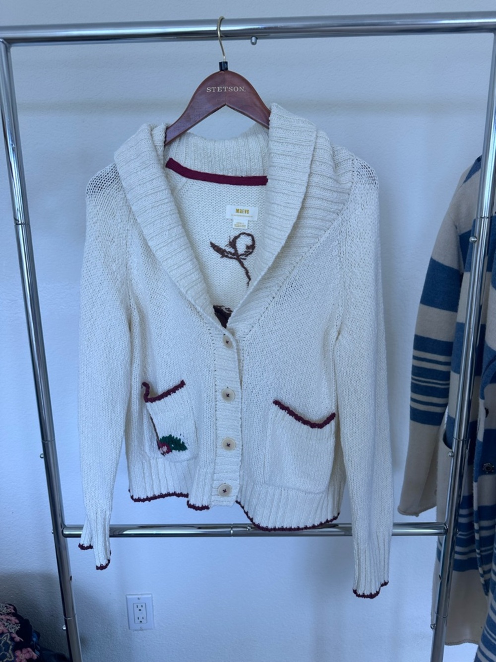Maeve Cream Shawl Collar Cardigan with Maroon Trim